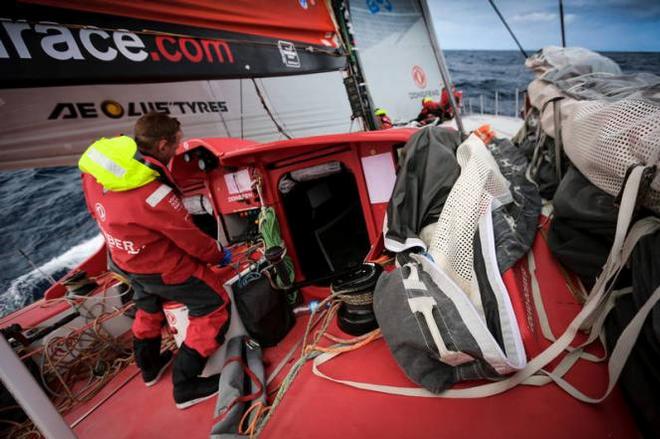 Onboard Dongfeng Race Team - Martin Stromberg is able to work despite his injured hand - Leg five to Itajai -  Volvo Ocean Race 2015 © Yann Riou / Dongfeng Race Team